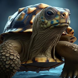 Generate a detailed, realistic portrait of a towering, dark blue tortoise-like creature. It has large, resolute eyes and two powerful water cannons protruding from its thick shell.