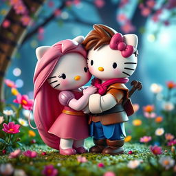 Rapunzel and Flynn Rider reimagined as Hello Kitty figures, engaging in a sweet and tender hug