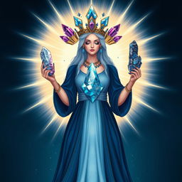 The Goddess of Light is illustrated in a fantastical and enchanting art style, adorned in an indigo dress that embodies the depth and mystique of twilight