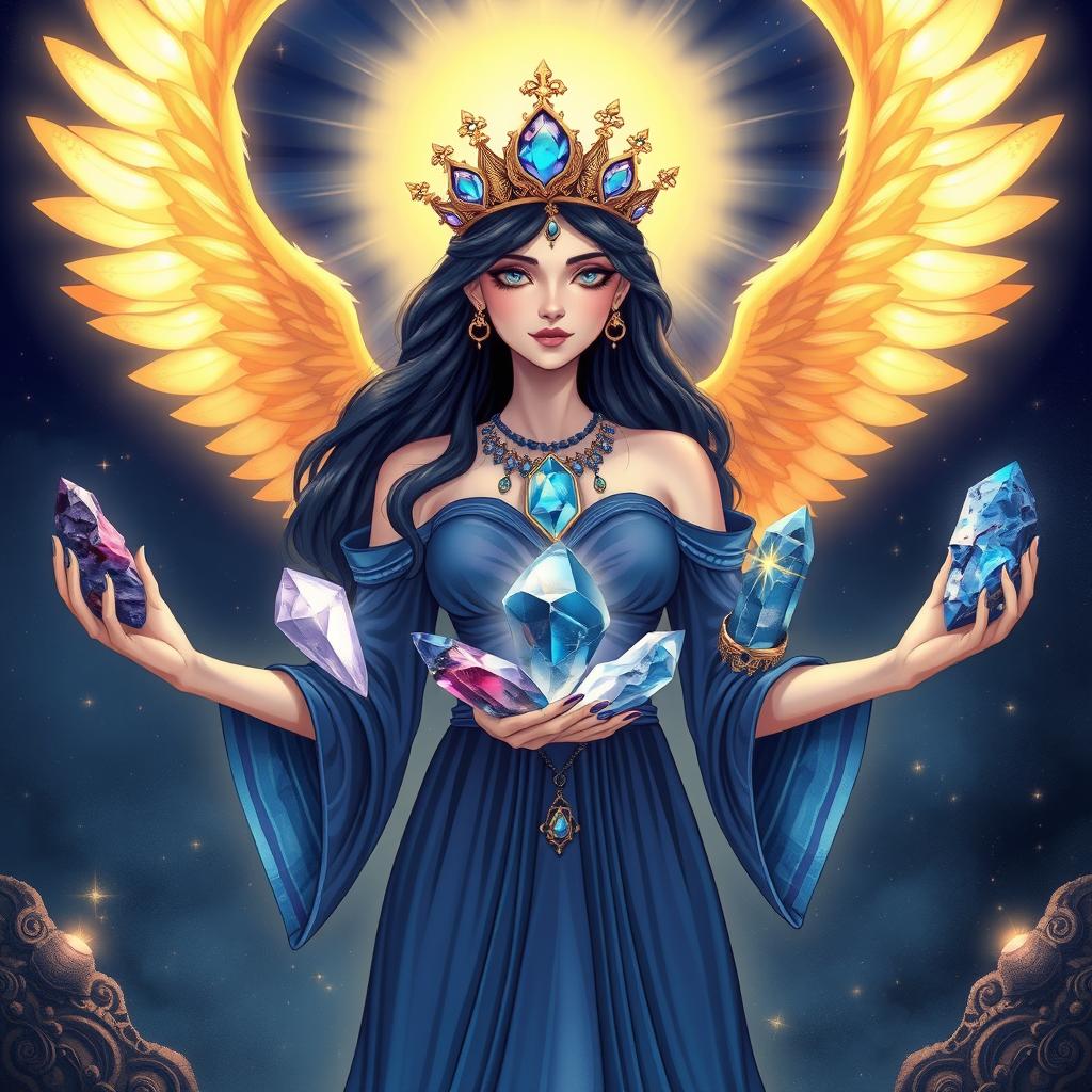 The Goddess of Light is illustrated in a fantastical and enchanting art style, adorned in an indigo dress that embodies the depth and mystique of twilight