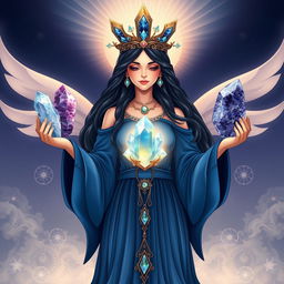 The Goddess of Light is illustrated in a fantastical and enchanting art style, adorned in an indigo dress that embodies the depth and mystique of twilight