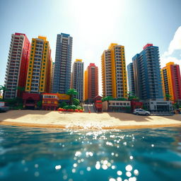 Ground-level close-up full view of a small LEGO island shore with towering LEGO buildings under a bright sunny day, surrounded by sparkling water