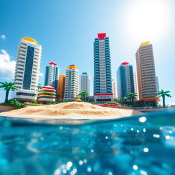 Ground-level close-up full view of a small LEGO island shore with towering LEGO buildings under a bright sunny day, surrounded by sparkling water