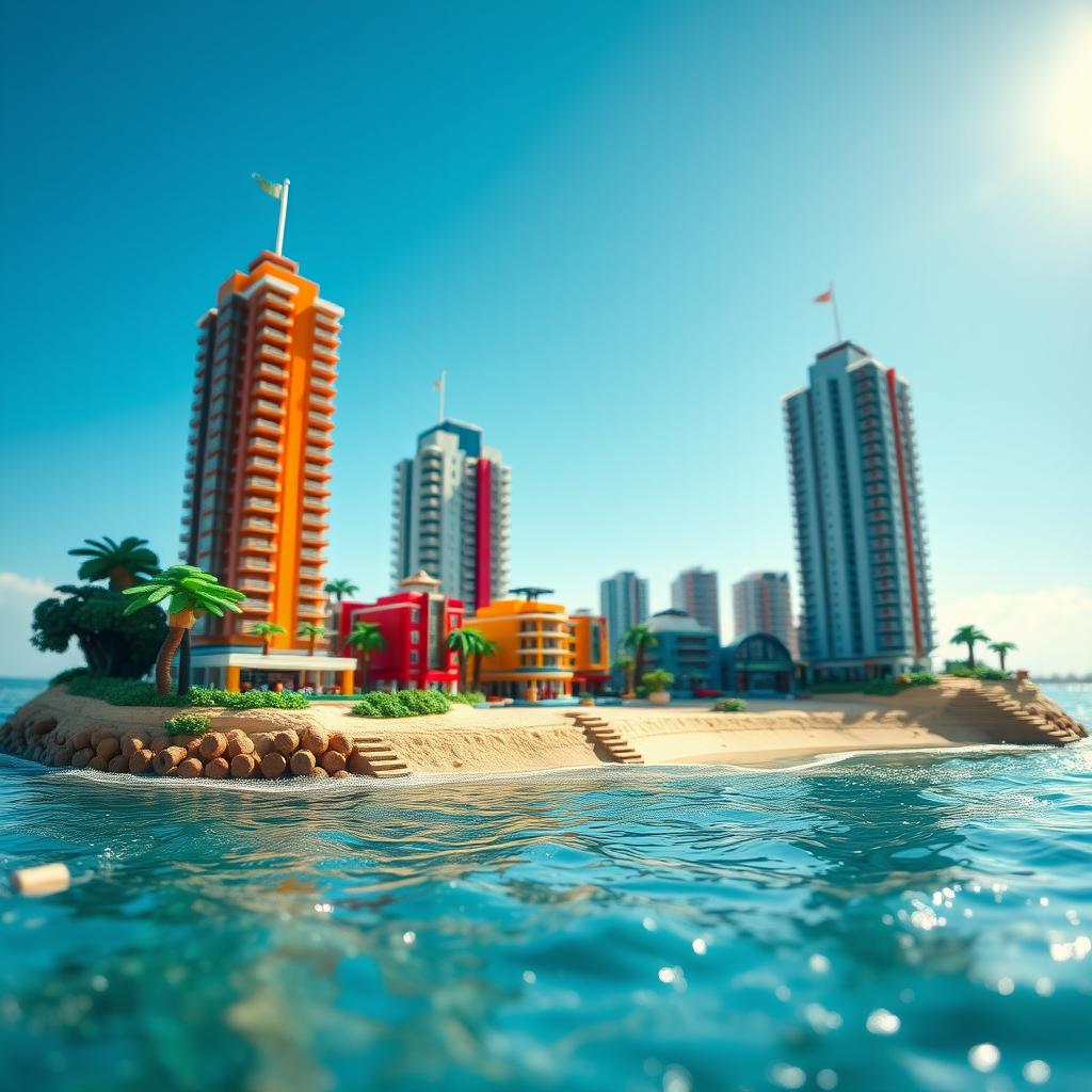 Ground-level close-up full view of a small LEGO island shore with towering LEGO buildings under a bright sunny day, surrounded by sparkling water