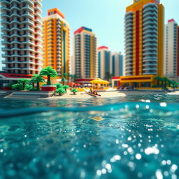 Ground-level close-up full view of a small LEGO island shore with towering LEGO buildings under a bright sunny day, surrounded by sparkling water