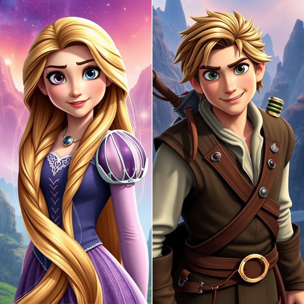 Rapunzel and Flynn Rider transformed into various iconic fictional characters