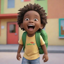 A Pixar-style animated image of an excited Jamaican toddler Rasta boy standing in front of his preschool, wearing a backpack, and bursting with glee