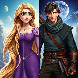 Rapunzel and Flynn Rider transformed into various iconic fictional characters