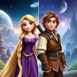 Rapunzel and Flynn Rider transformed into various iconic fictional characters