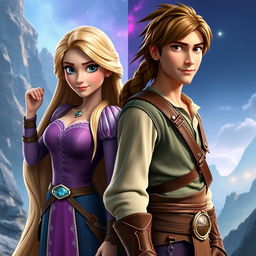 Rapunzel and Flynn Rider transformed into various iconic fictional characters