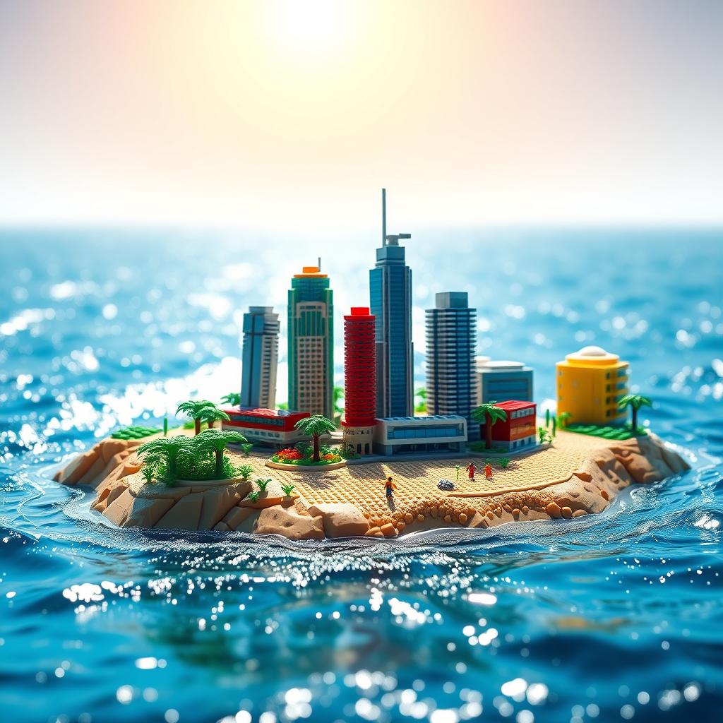 Ground-level close-up full view of a small LEGO island shore with towering LEGO buildings under a bright sunny day, surrounded by glistening water