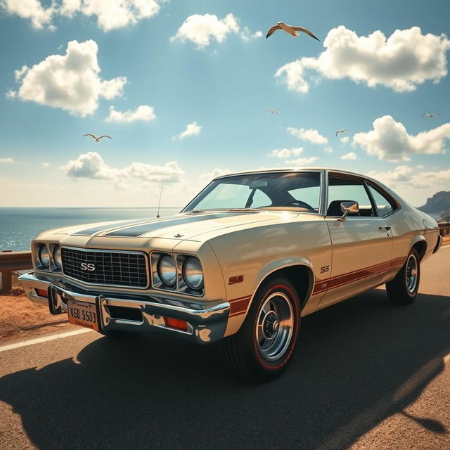 A pristine Chevrolet Opala SS, vintage model from the 1970s, shining under the sun