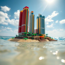 Ground-level close-up full view of a small LEGO island shore with towering LEGO buildings under a bright sunny day, surrounded by glistening water