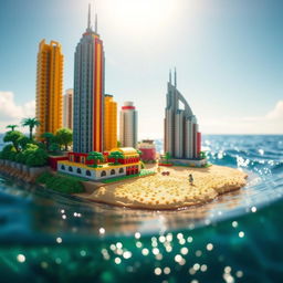 Ground-level close-up full view of a small LEGO island shore with towering LEGO buildings under a bright sunny day, surrounded by glistening water