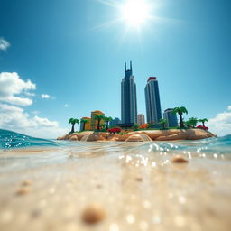 Ground-level close-up full view of a small LEGO island shore with towering LEGO buildings under a bright sunny day, surrounded by glistening water