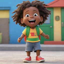 A Pixar-style animated image of an excited Jamaican toddler Rasta boy standing in front of his preschool, wearing a backpack, and bursting with glee