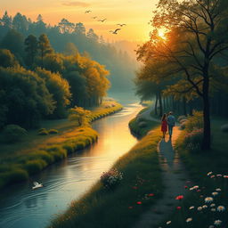 A serene and romantic landscape, with a gentle river winding through a lush forest