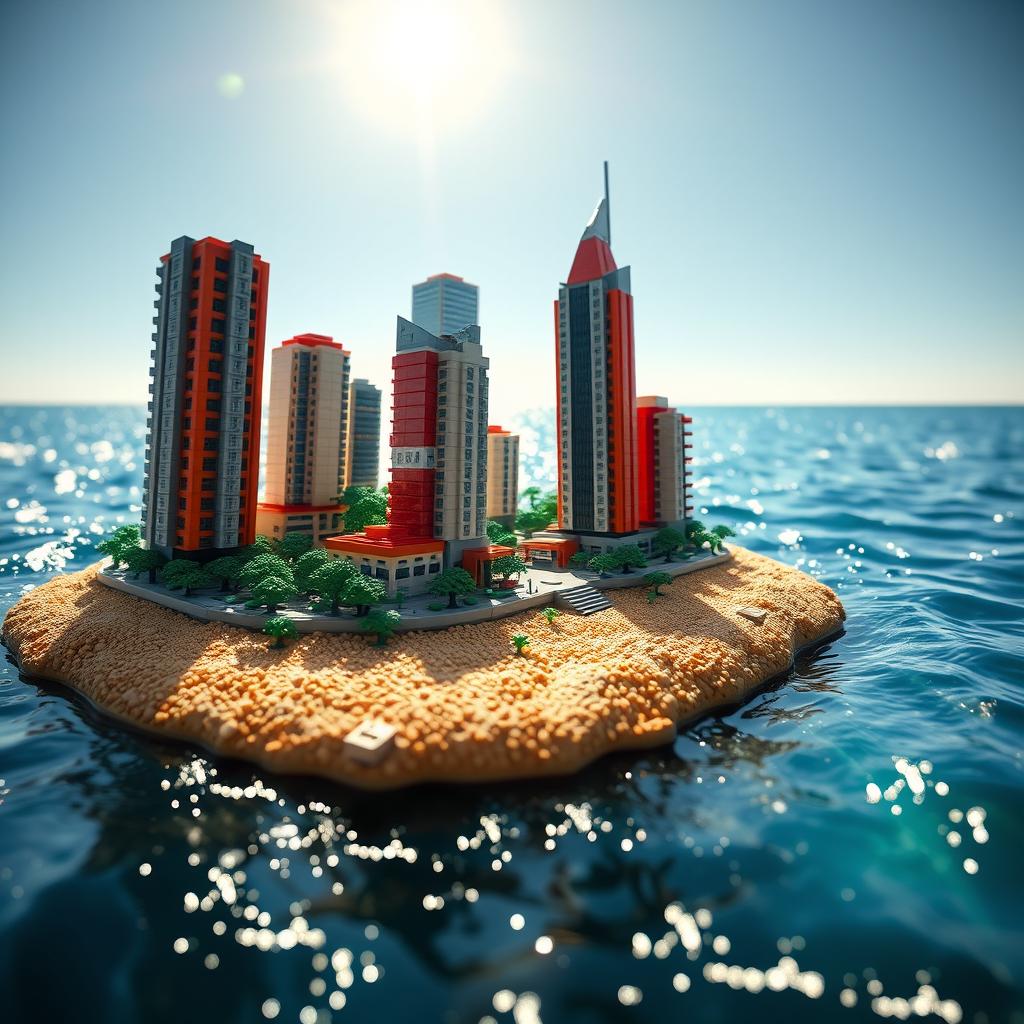 Ground-level close-up full view of a small LEGO island shore with towering LEGO buildings under a bright sunny day, surrounded by glistening water