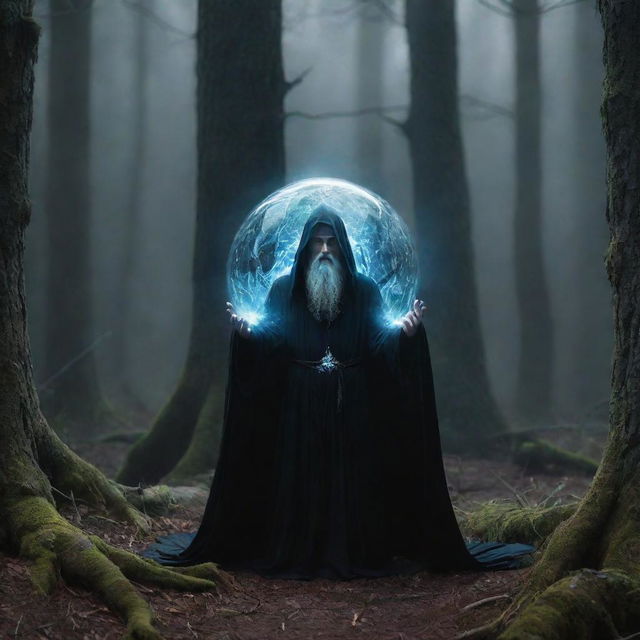 A mystical scene depicting an unborn wizard within a crystalline orb of energy, his form nebulous yet ominously glowing with dark power, nestled within an ancient, enchanted forest shrouded in deep shadows