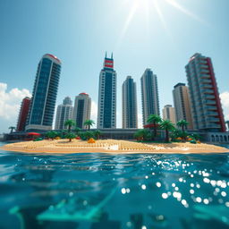 Ground-level close-up full view of a small LEGO island shore with towering LEGO buildings under a bright sunny day, surrounded by glistening water