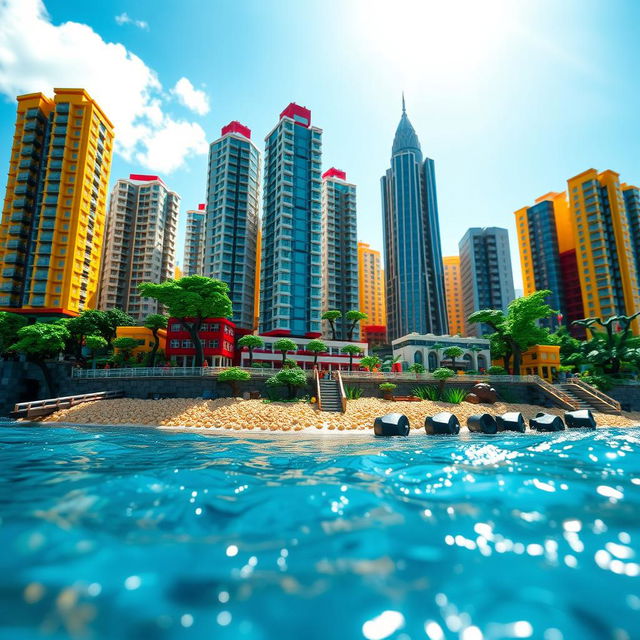 Ground-level close-up full view of a small LEGO island shore with towering LEGO buildings under a bright sunny day, surrounded by glistening water