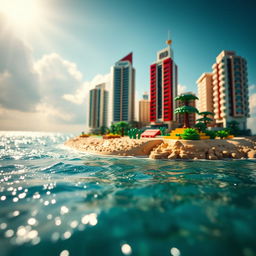 Ground-level close-up full view of a small LEGO island shore with towering LEGO buildings under a bright sunny day, surrounded by glistening water