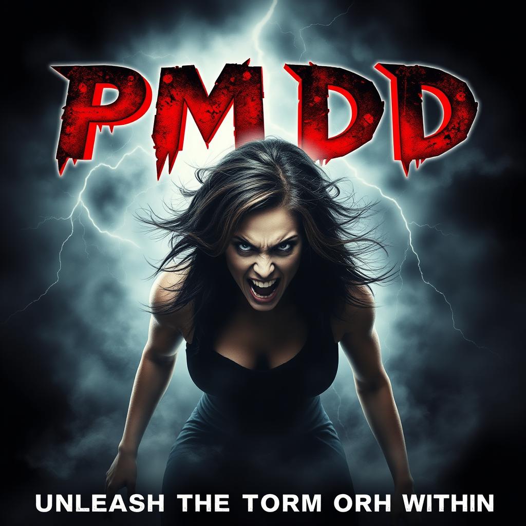 A horror movie poster for a film titled "PMDD", featuring a menacing and angry woman as the central figure