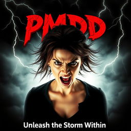 A horror movie poster for a film titled "PMDD", featuring a menacing and angry woman as the central figure