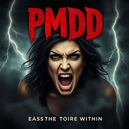 A horror movie poster for a film titled "PMDD", featuring a menacing and angry woman as the central figure