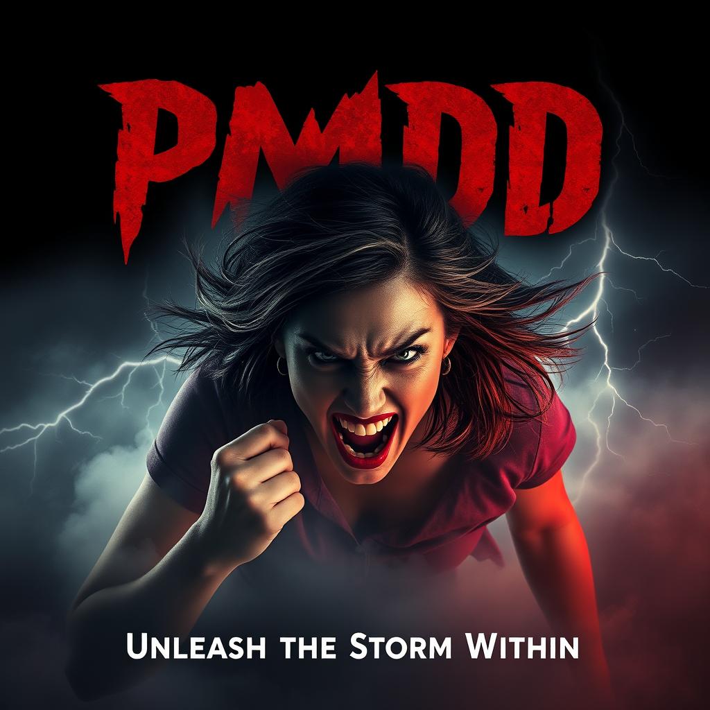 A horror movie poster for a film titled "PMDD", featuring a menacing and angry woman as the central figure