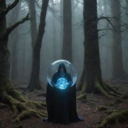 A mystical scene depicting an unborn wizard within a crystalline orb of energy, his form nebulous yet ominously glowing with dark power, nestled within an ancient, enchanted forest shrouded in deep shadows