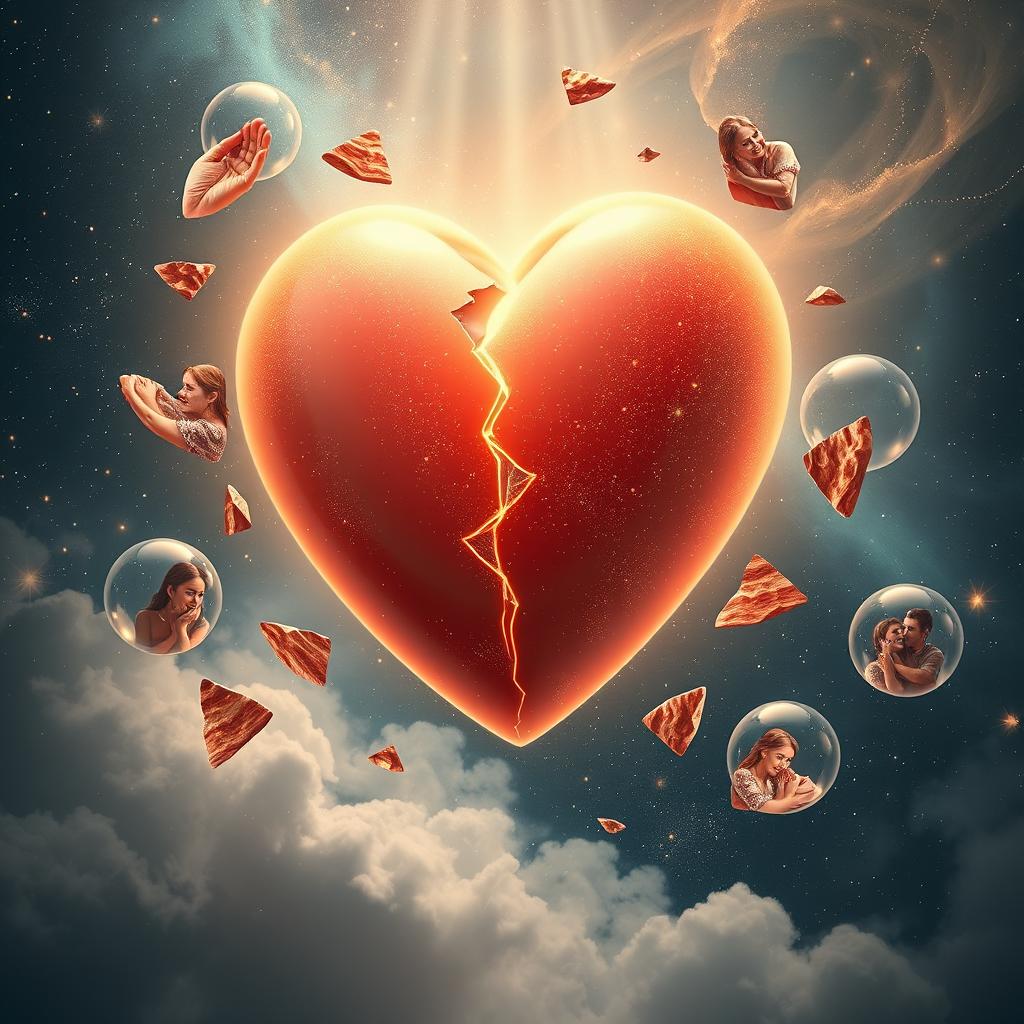 A surreal representation of love in fragments, featuring a large, glowing heart that is broken into several floating pieces, each piece reflecting a different emotion: joy, sadness, longing, passion, and hope