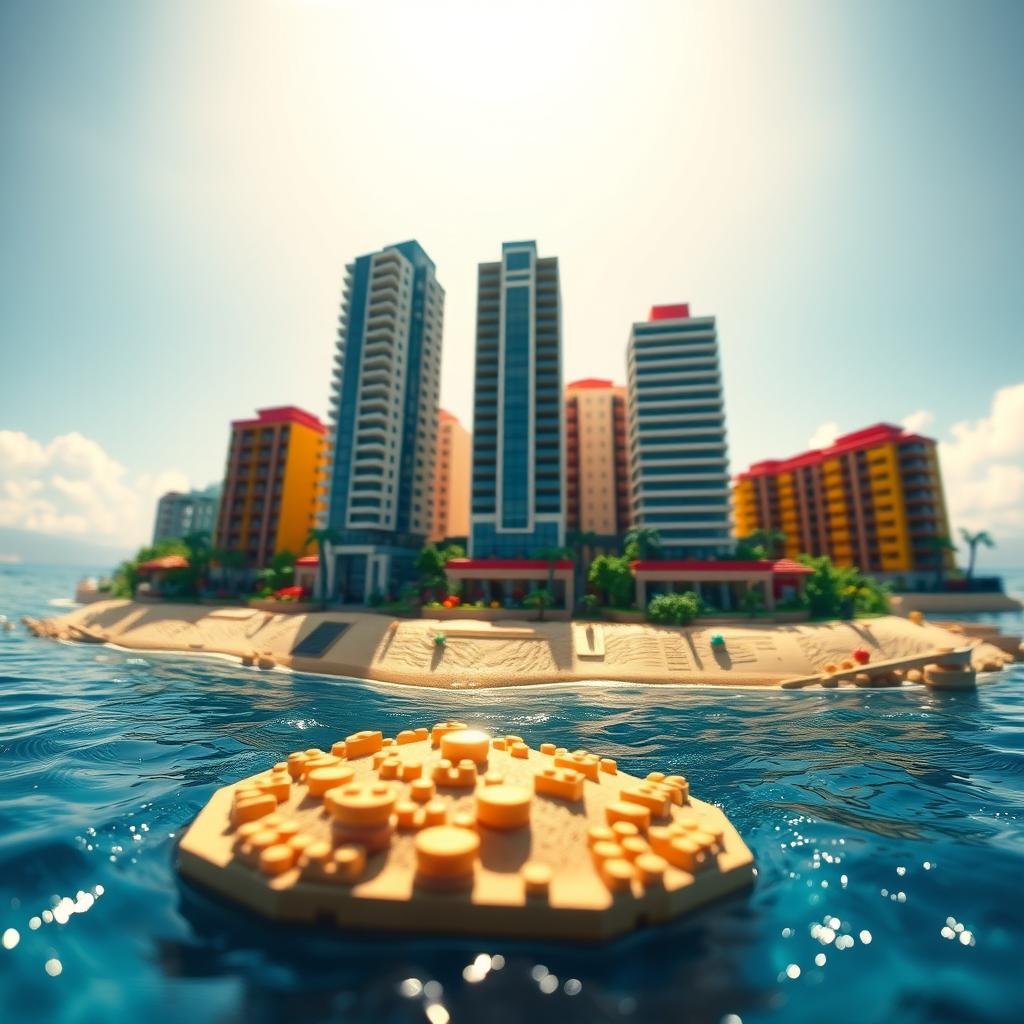 Close-up ground-level full view of a small LEGO island shore with tall LEGO buildings under a bright sunny day, surrounded by glistening water