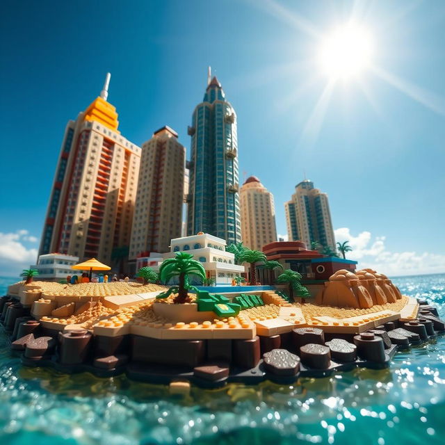 Close-up ground-level full view of a small LEGO island shore with tall LEGO buildings under a bright sunny day, surrounded by glistening water