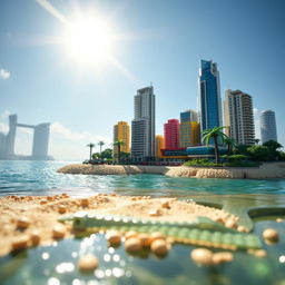 Close-up ground-level full view of a small LEGO island shore with tall LEGO buildings under a bright sunny day, surrounded by glistening water