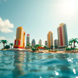 Close-up ground-level full view of a small LEGO island shore with tall LEGO buildings under a bright sunny day, surrounded by glistening water