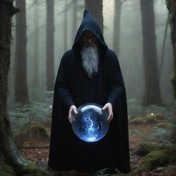 A mystical scene depicting an unborn wizard within a crystalline orb of energy, his form nebulous yet ominously glowing with dark power, nestled within an ancient, enchanted forest shrouded in deep shadows