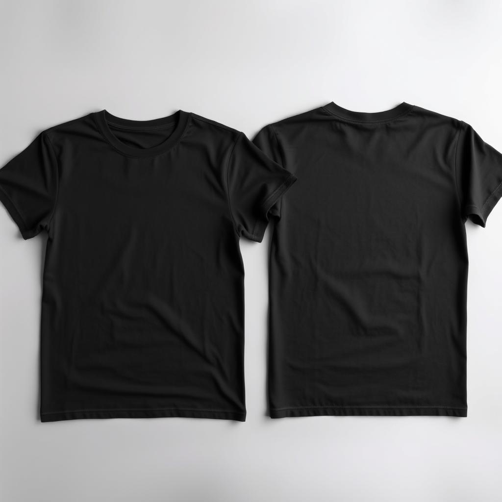 A plain, blank black t-shirt in detail, showcasing its smooth fabric texture and classic crew neck design