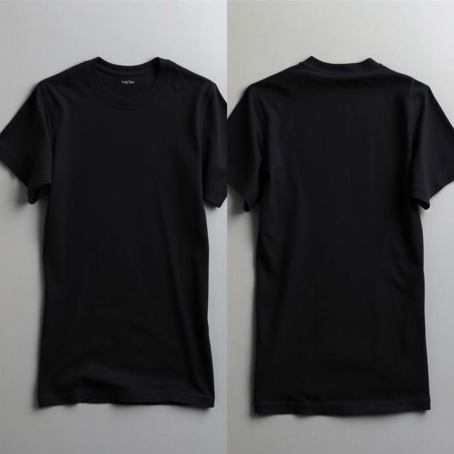 A plain, blank black t-shirt in detail, showcasing its smooth fabric texture and classic crew neck design