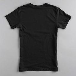 A plain, blank black t-shirt in detail, showcasing its smooth fabric texture and classic crew neck design