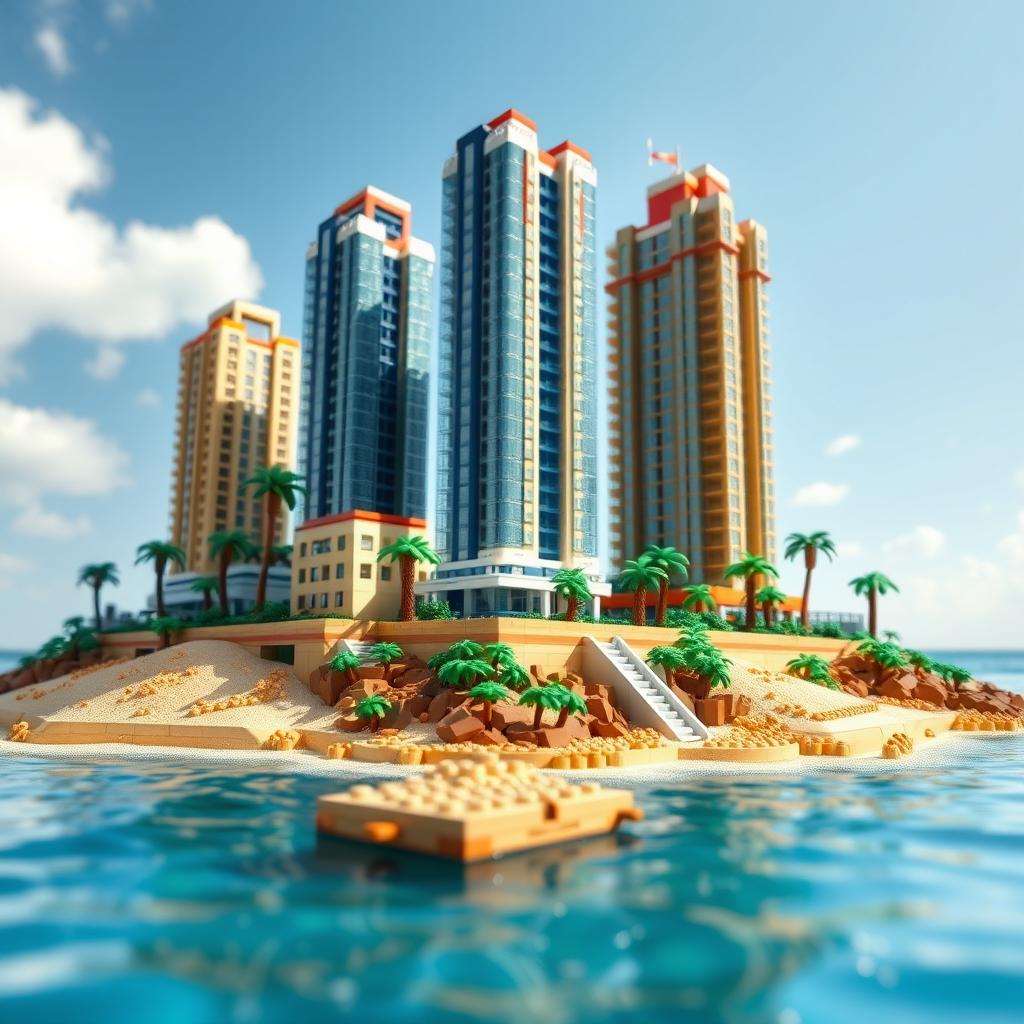 Close-up ground-level full view of a small LEGO island shore with tall LEGO buildings on a bright sunny day, surrounded by serene waters