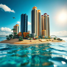 Close-up ground-level full view of a small LEGO island shore with tall LEGO buildings on a bright sunny day, surrounded by serene waters