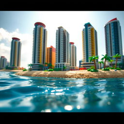 Close-up ground-level full view of a small LEGO island shore with tall LEGO buildings on a bright sunny day, surrounded by serene waters