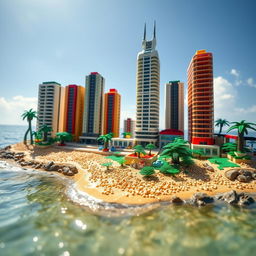 Close-up ground-level full view of a small LEGO island shore with tall LEGO buildings on a bright sunny day, surrounded by serene waters