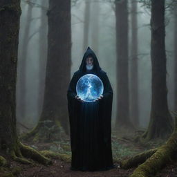 A mystical scene depicting an unborn wizard within a crystalline orb of energy, his form nebulous yet ominously glowing with dark power, nestled within an ancient, enchanted forest shrouded in deep shadows