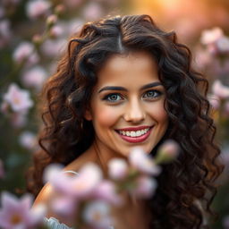 A portrait capturing a strong resemblance to Kristen Kreuk with a focus on her charismatic and captivating essence, highlighting her radiant smile, sparkling eyes, and lush dark curly hair