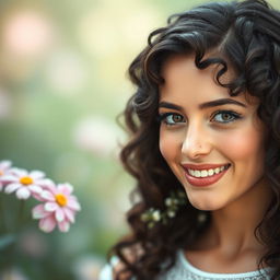 A portrait capturing a strong resemblance to Kristen Kreuk with a focus on her charismatic and captivating essence, highlighting her radiant smile, sparkling eyes, and lush dark curly hair