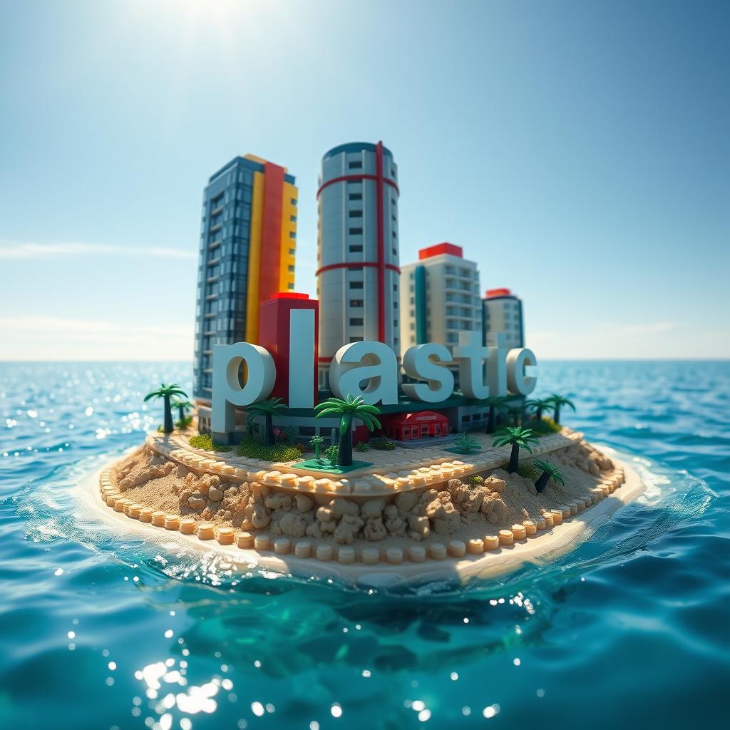 Close-up ground-level full view of a small LEGO island shore with tall LEGO buildings that spell "plastic" under a bright sunny day, surrounded by glistening water