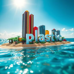 Close-up ground-level full view of a small LEGO island shore with tall LEGO buildings that spell "plastic" under a bright sunny day, surrounded by glistening water