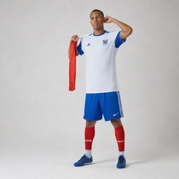 A simple football kit in white, blue, and red